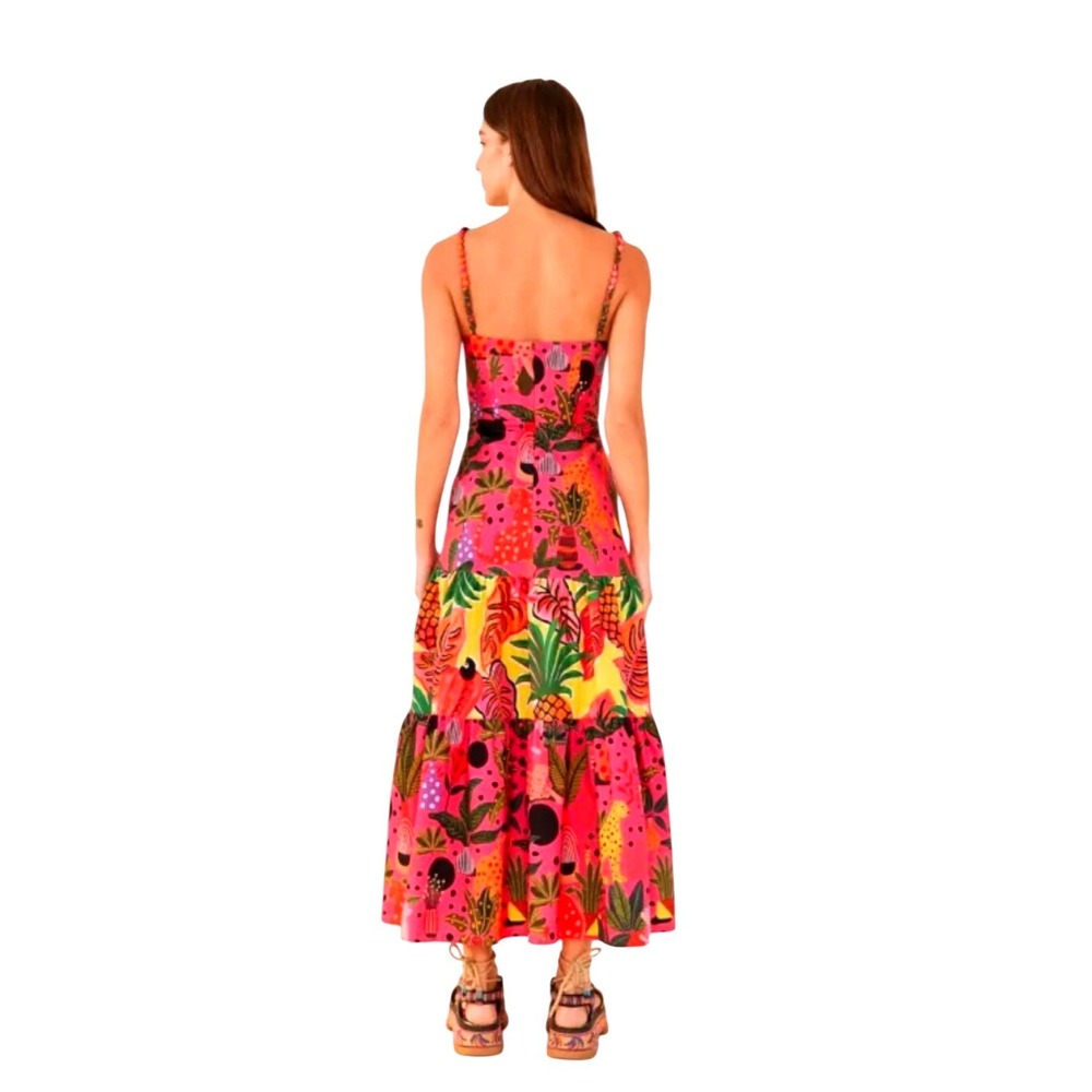 Farm Rio SZ XS Leopards Pop Tropical Jungle Maxi Dress Pink Multi Tiered Beaded - Picture 3 of 16